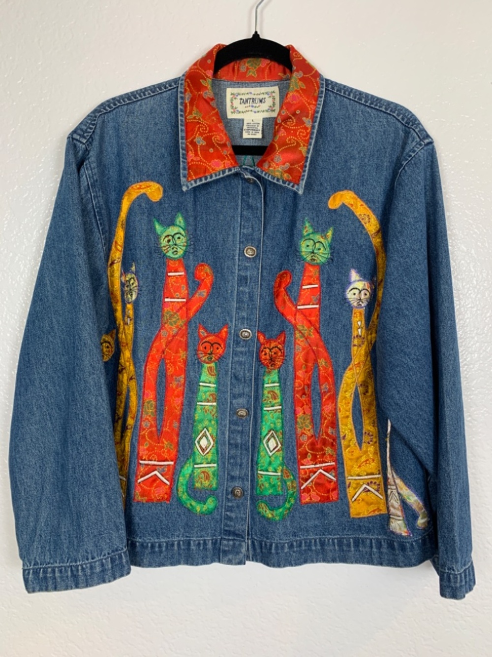Tantrums Denim Jacket Women's Large Appliqué Cats Asian Flair Whimsical Artsy